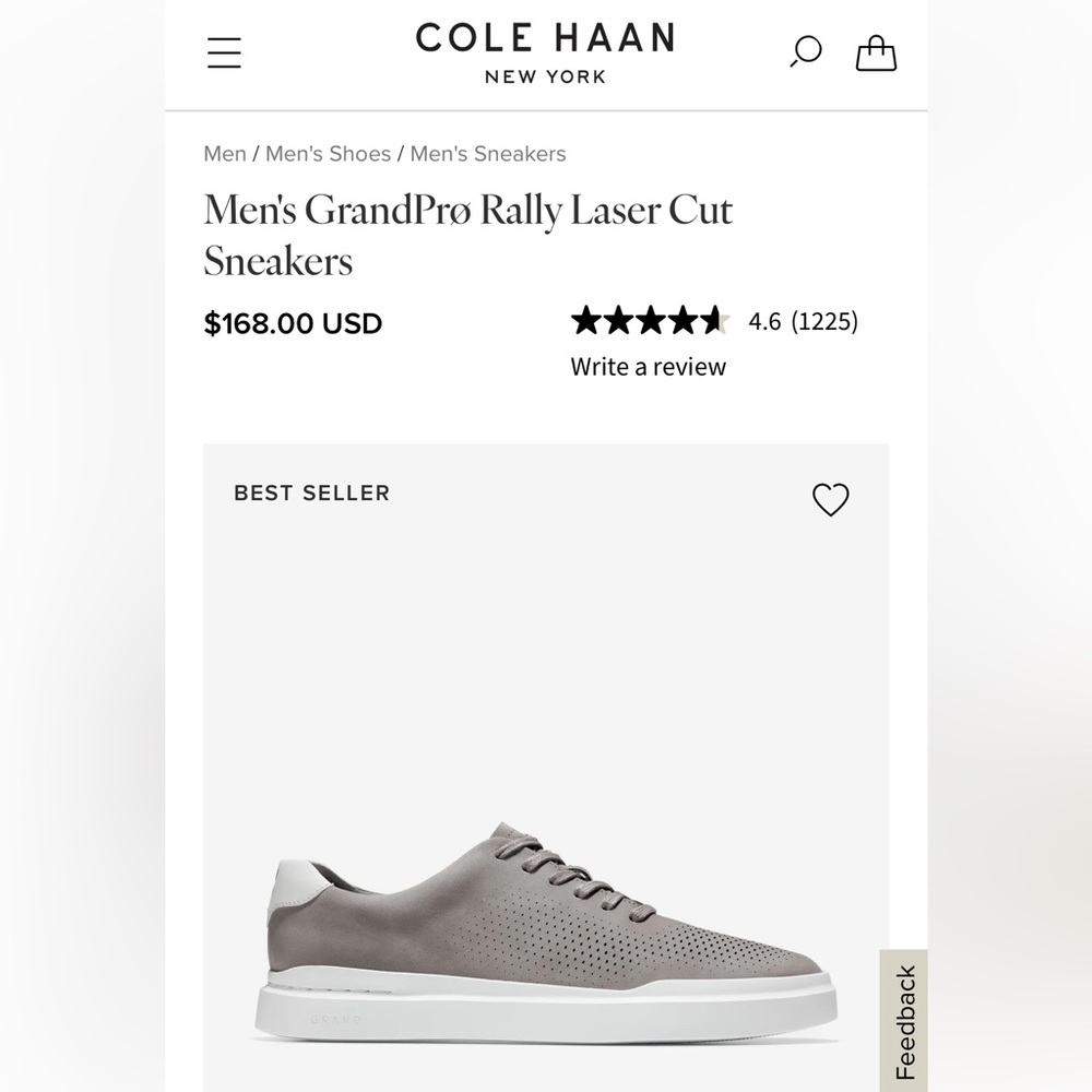 Cole Haan Men's GrandPrø Rally Laser Cut Sneakers,Ironstone/Optic White,12M, EUC